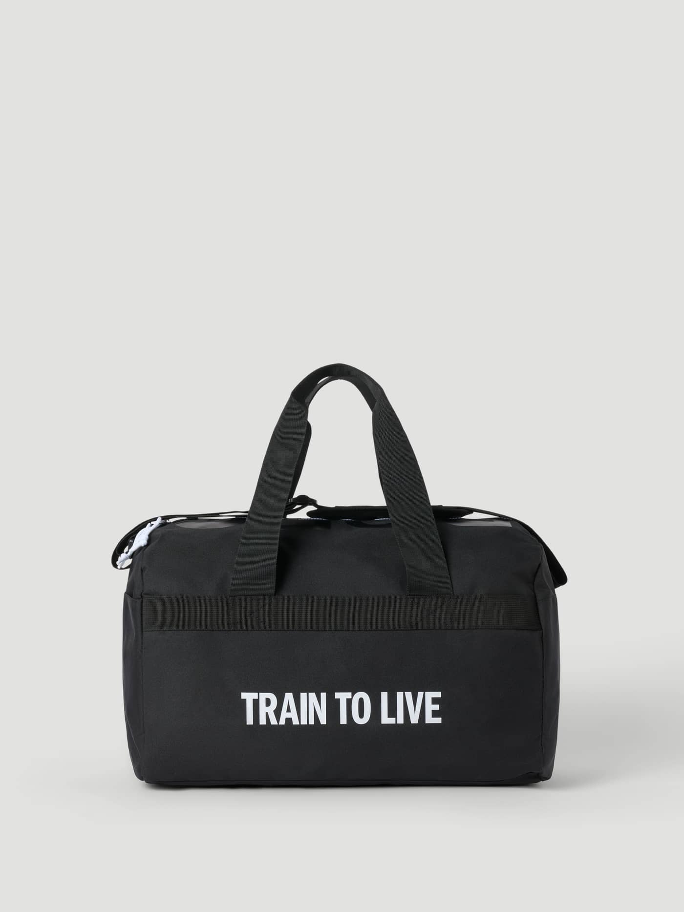 Front view of the Borg Logo Sports Bag 35L in Black Beauty (Black) with white 'TRAIN TO LIVE' text for training. - Image 2