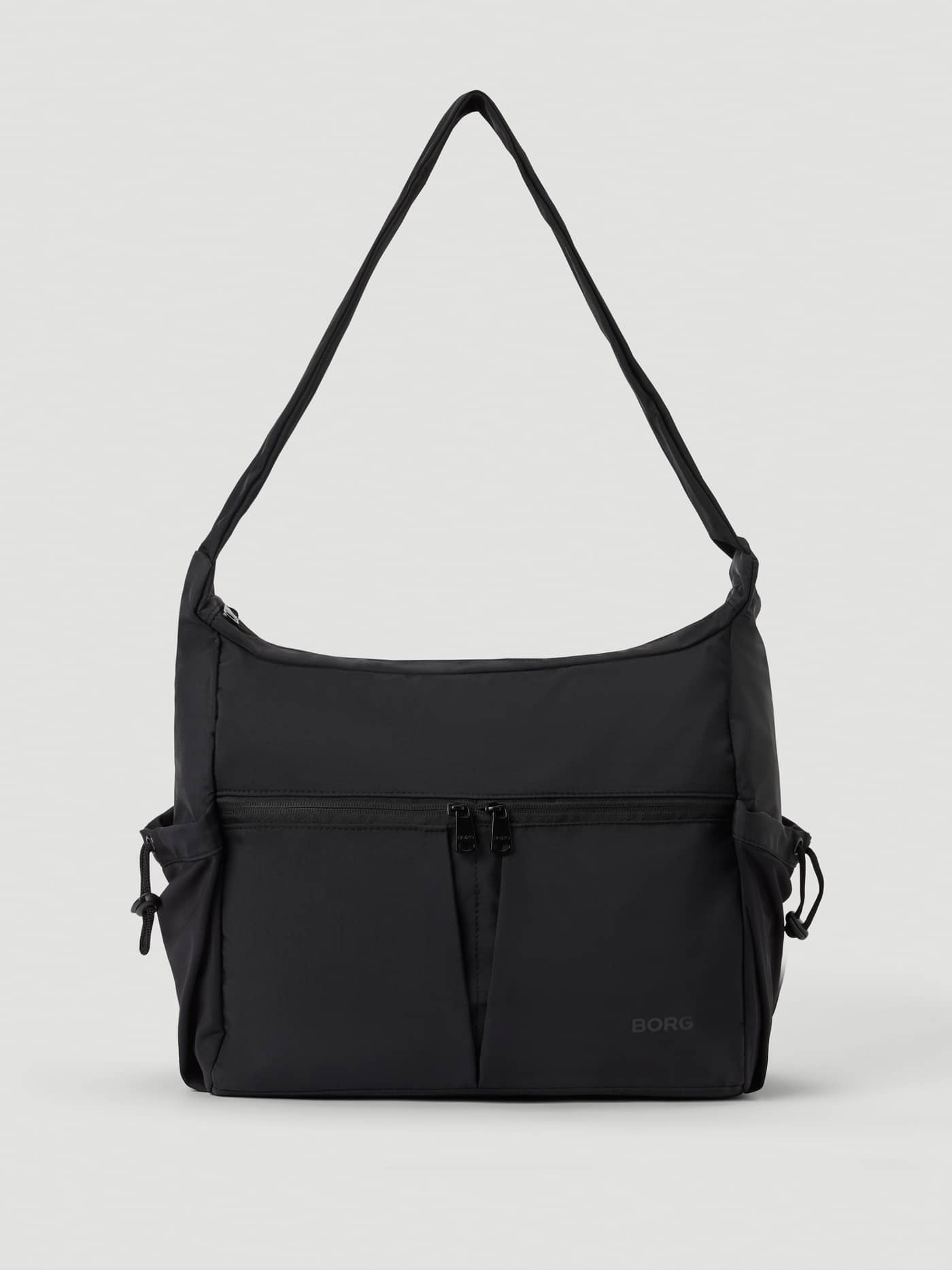 Front view of the Studio Shoulder Bag 18L for training in Black Beauty (Black), featuring a tonal BORG logo. - Image 1