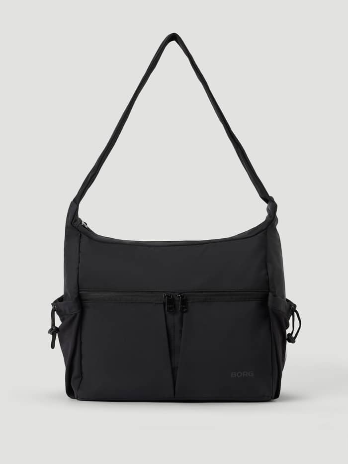Front view of the Studio Shoulder Bag 18L for training in Black Beauty (Black), featuring a tonal BORG logo.