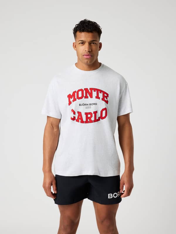 Framifrån på Borg Gym Oversized T-Shirt i Ultra Light Grey Melange (Grå) för träning med röd bröstgrafik.