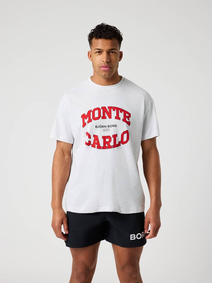 Borg Gym Oversized T-Shirt i Ultra Light Grey Melange (Grå) set forfra med rød grafik på brystet til træning.