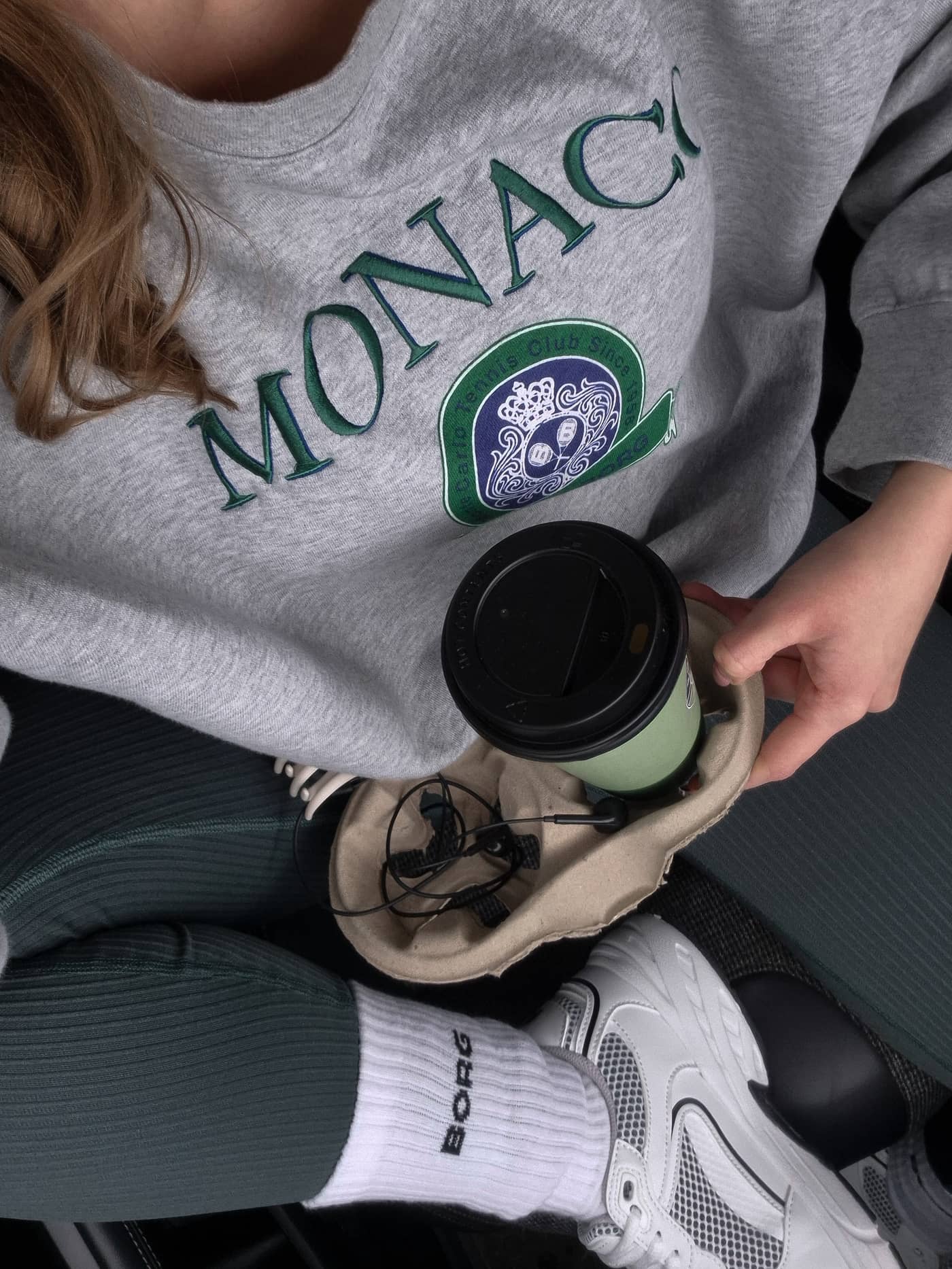 Borg Boyfriend Sweatshirt in Light Grey Melange (Grey) with an oversized fit and green Monaco tennis club graphic for women. - Image 6