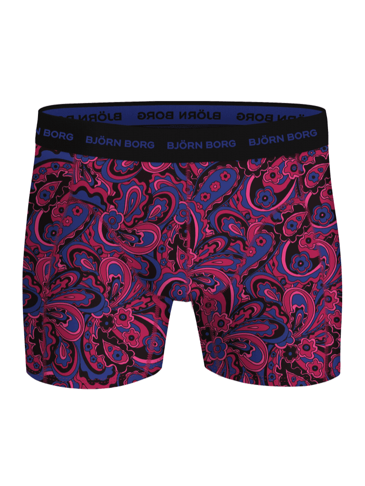 Cotton Stretch Boxers 7-pack med lyserødt og blåt paisley-print og blå logoer på en sort elastik i taljen set forfra. - Image 6