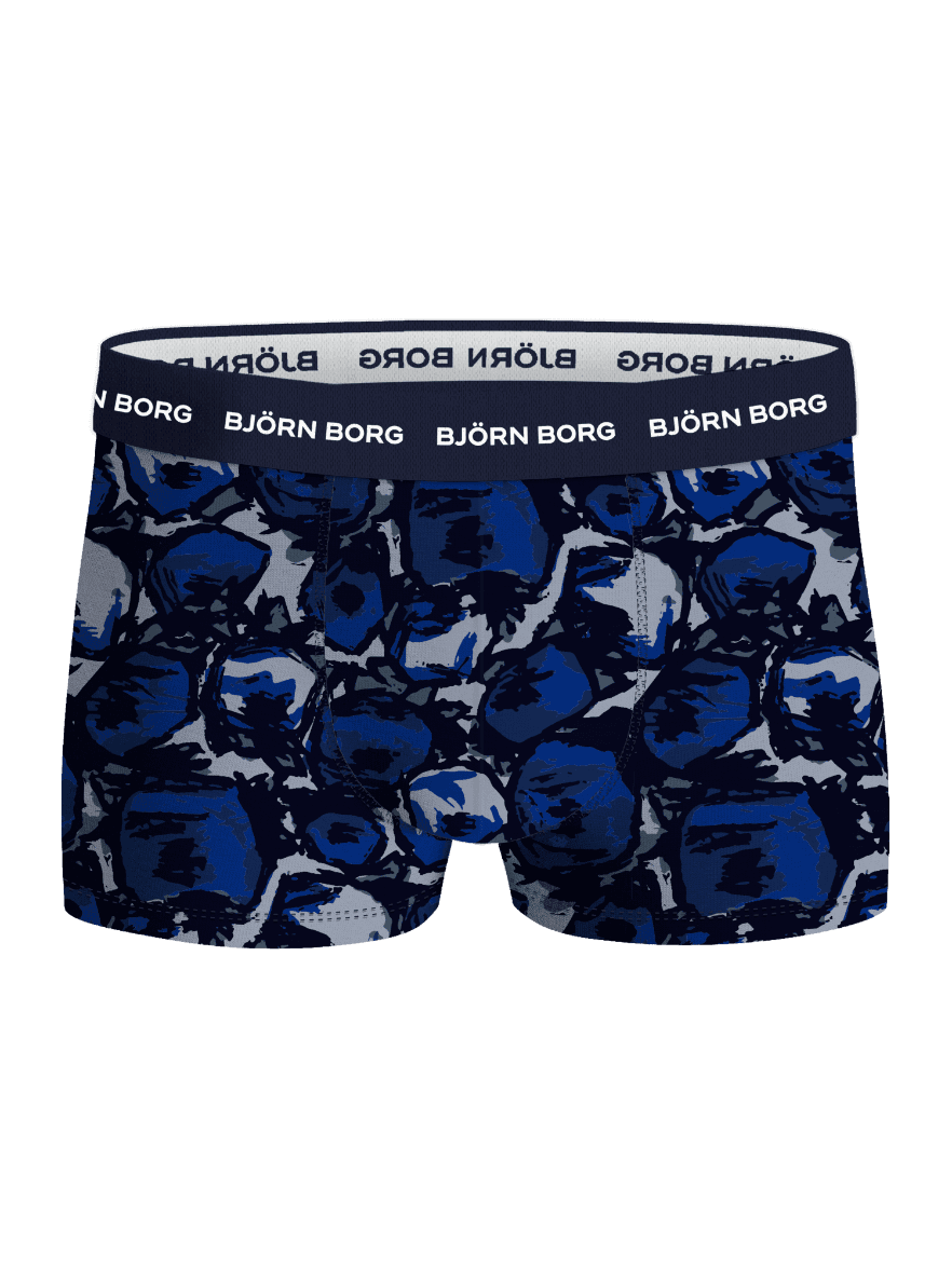 Cotton Stretch Trunks 5-pack i blått och grått mönster med vita logotyper på marinblå resår. - Image 4