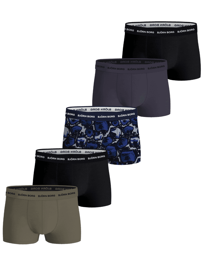 Cotton Stretch Trunks 5-pack i svart, grønn, grå og blåmønstret design med hvit logo på den myke logoelastikken.