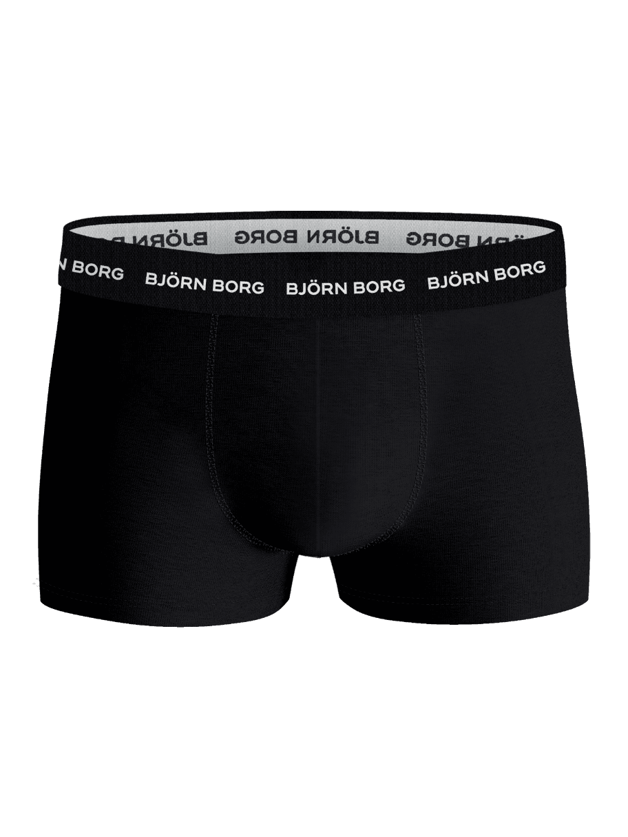 Svarta Cotton Stretch Trunks 5-pack sedda framifrån med en vit Björn Borg-logotyp på den mjuka resåren. - Image 3