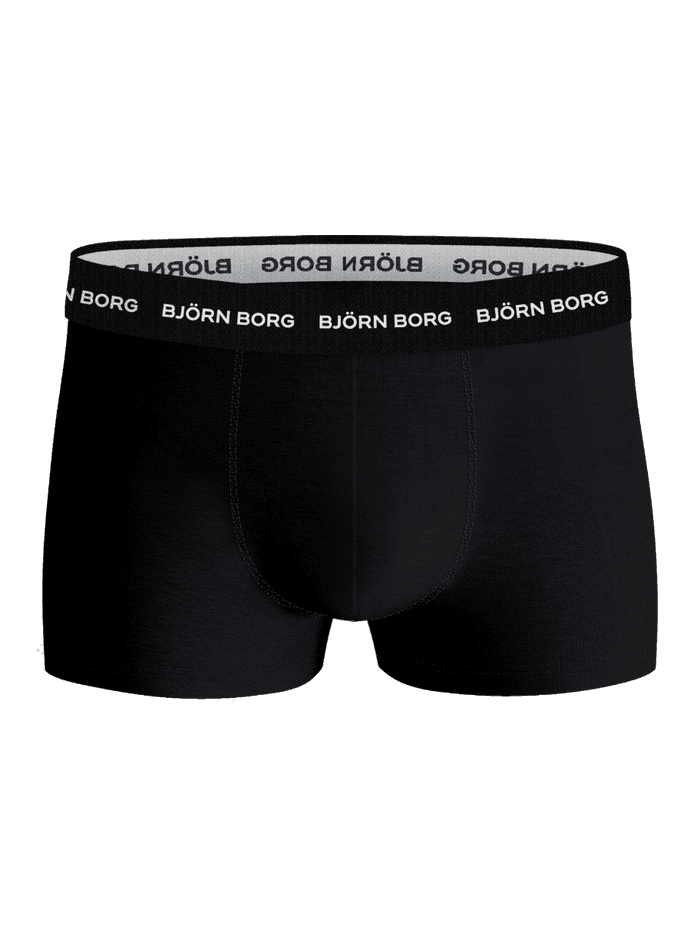 Front view of the solid black Björn Borg Cotton Stretch Trunks 5-pack featuring a white logo on the waistband. - Image 3