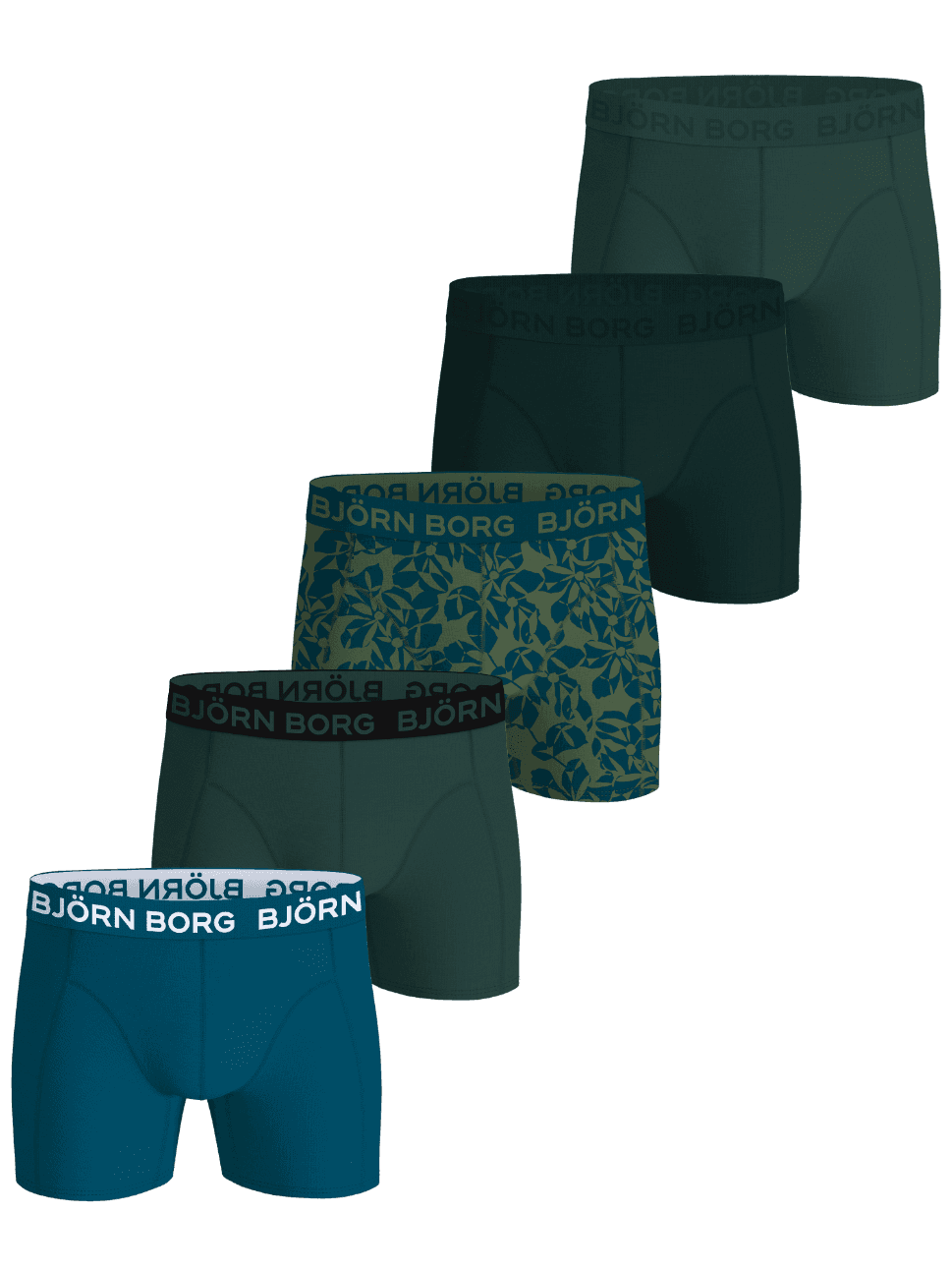Cotton Stretch Boxers 5-pack van stretchkatoen in blauw, groen en bloemenprint met witte en zwarte logo's. - Image 1