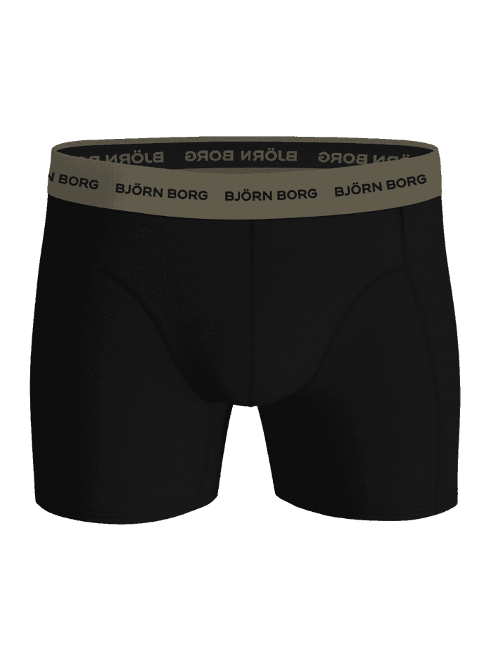 Front view of Björn Borg Cotton Stretch Boxers 5-pack, functional black boxer briefs with black logos on a khaki waistband. - Image 2