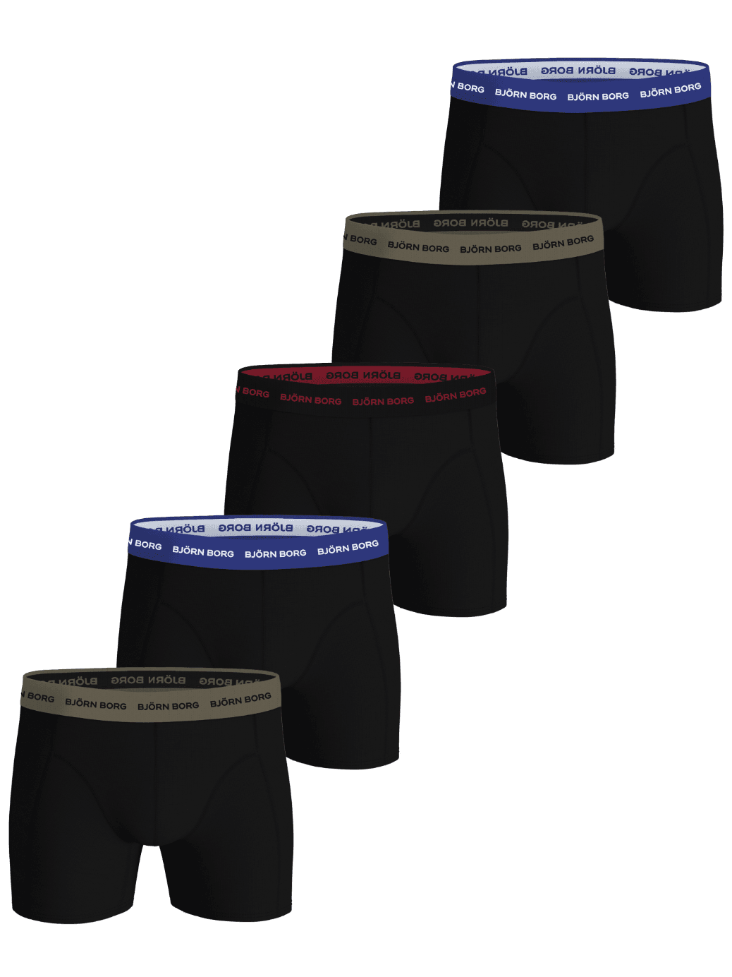 Cotton Stretch Boxers 5-pack met vijf zwarte boxershorts en logotaillebanden in de kleuren blauw, rood en khaki. - Image 1