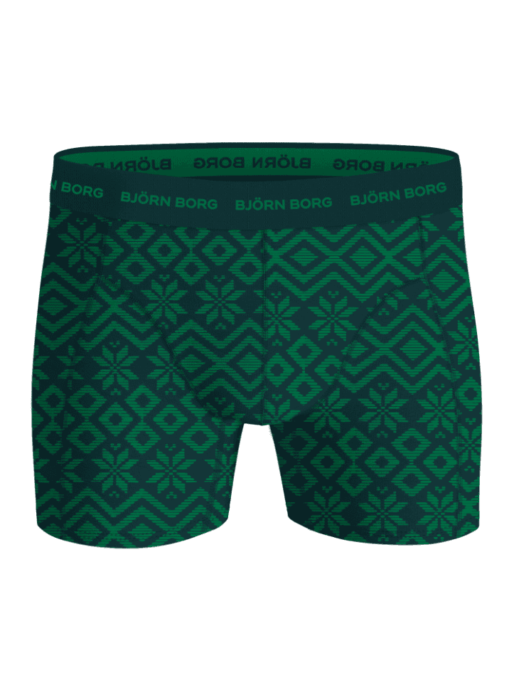 Grønn og marineblå Cotton Stretch Boxers 5-pack med festlig snøfnuggmønster og linning med logo, sett forfra. - Image 5