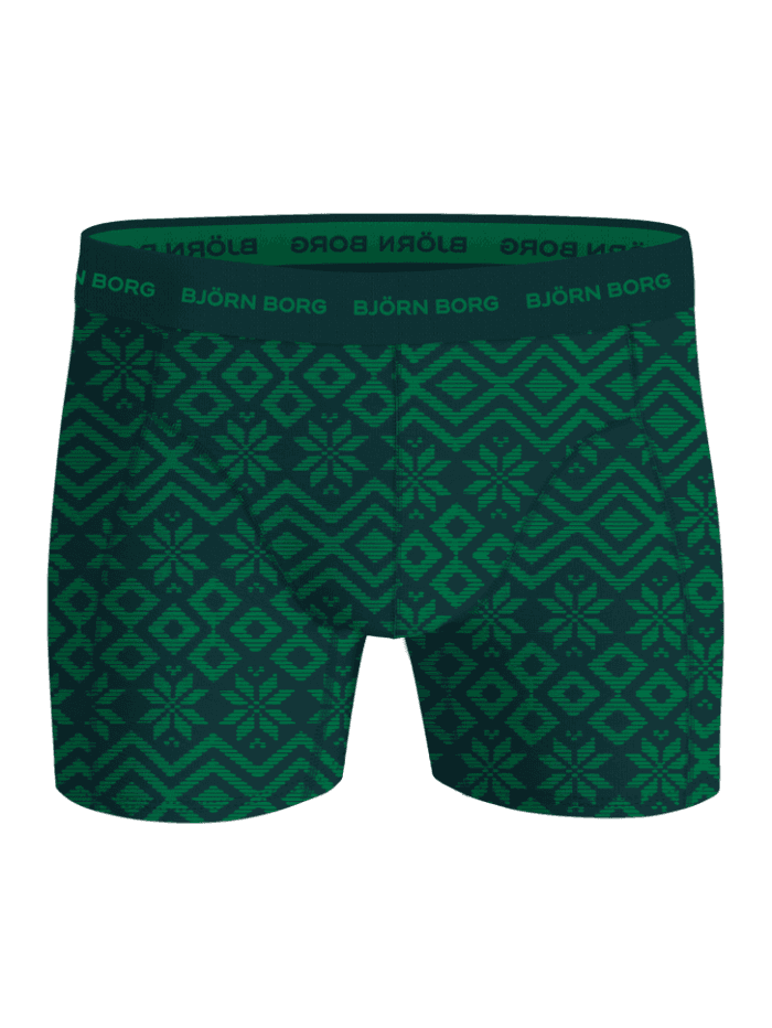 Front view of green and navy Björn Borg Cotton Stretch Boxers 5-pack with a festive snowflake pattern and logo waistband. - Image 5