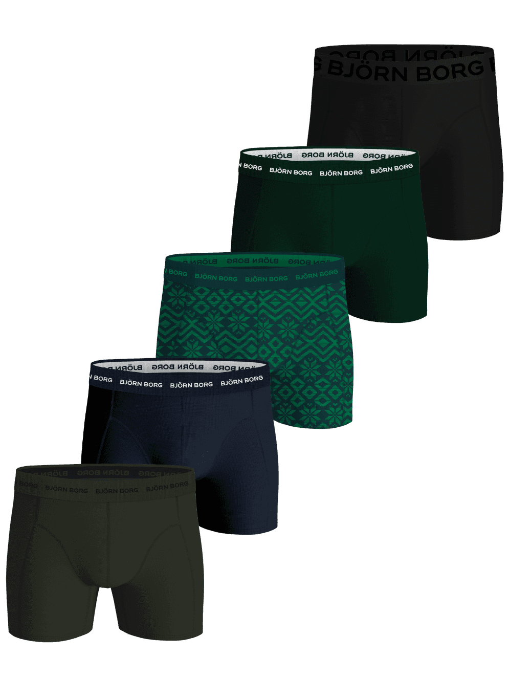 Cotton Stretch Boxers 5-pack in zwart, groen, marineblauw en sneeuwvlokkenprint van katoen met een wit logo op de tailleband. - Image 1