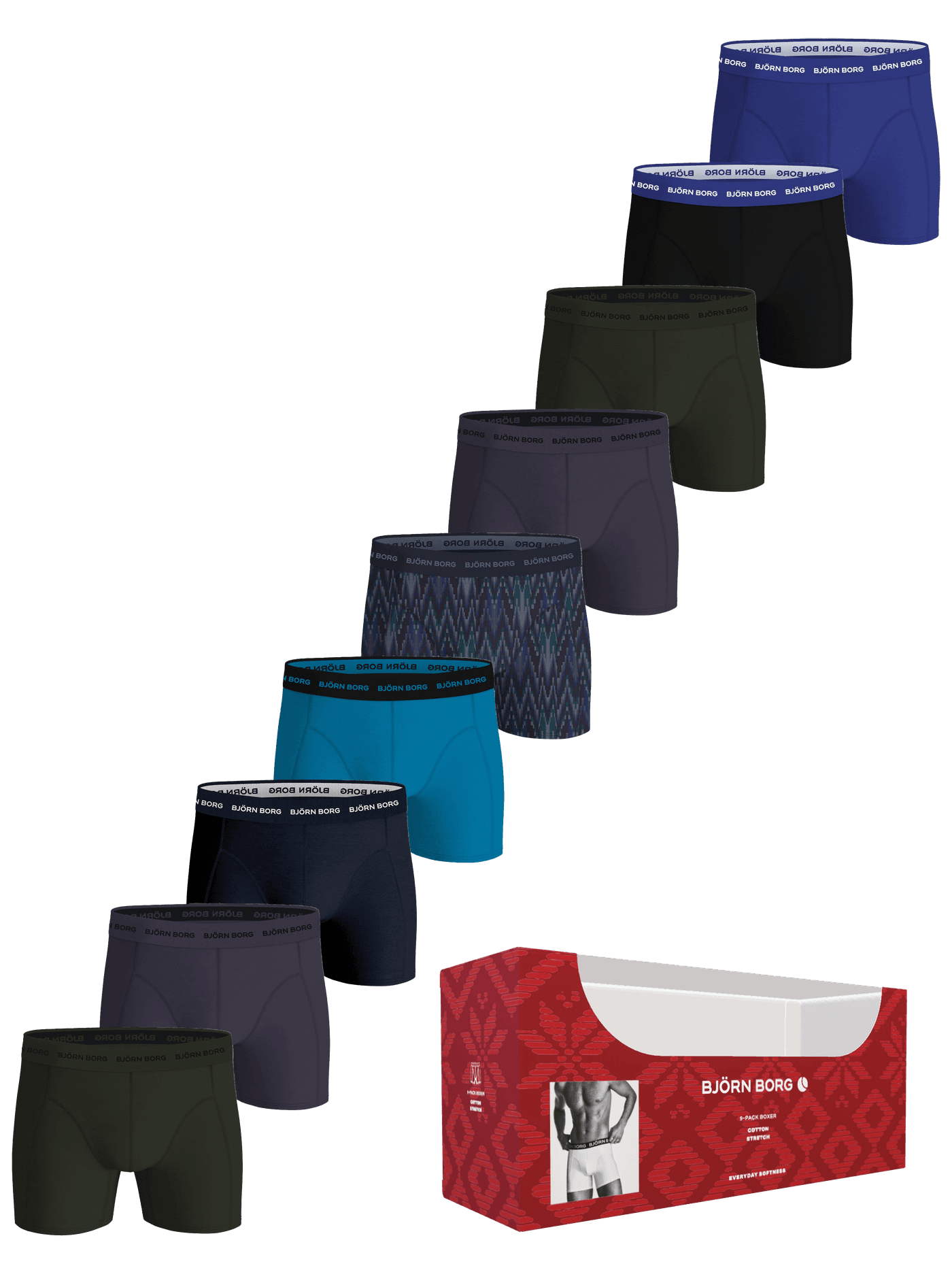 Cotton Stretch Boxers 9-pack for men, featuring cotton stretch boxer briefs in blue, black, and green with a red gift box. - Image 1