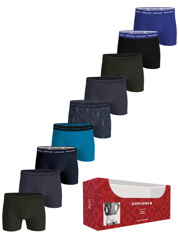 Cotton Stretch Boxers 9-pack for men, featuring cotton stretch boxer briefs in blue, black, and green with a red gift box.