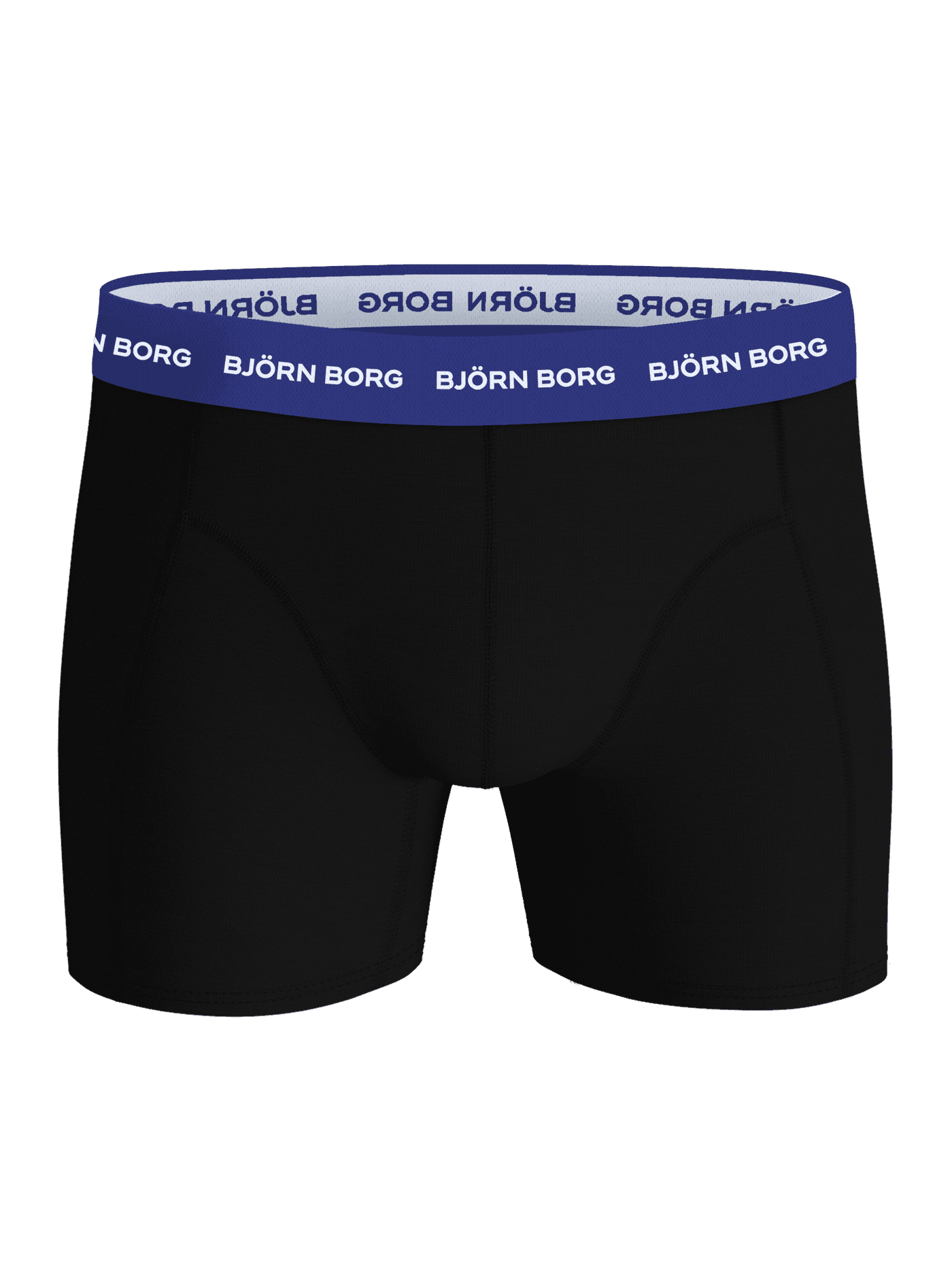 Front view of the black Cotton Stretch Boxers 9-pack boxer briefs featuring a blue waistband and white Björn Borg logos. - Image 10