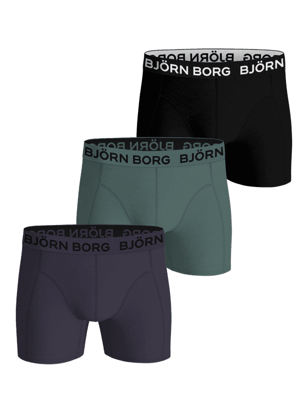 Bamboo Cotton Blend Boxers 3-pack in black, green, and grey, featuring breathable bamboo boxer briefs with logo waistbands.