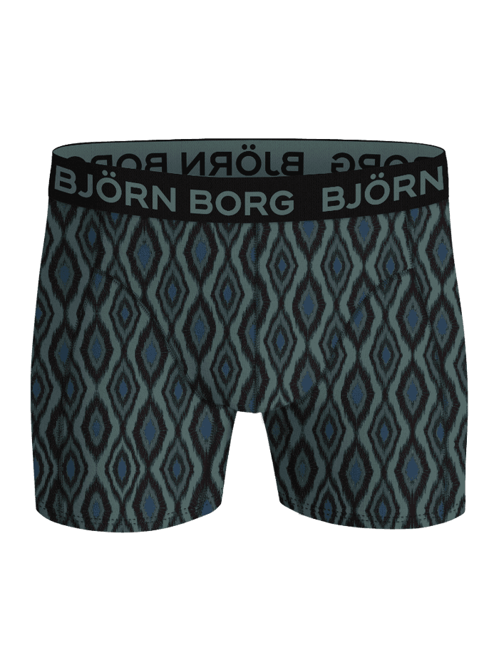 Front view of the Bamboo Cotton Blend Boxers 3-pack featuring a green diamond print and a soft black logo waistband. - Image 4