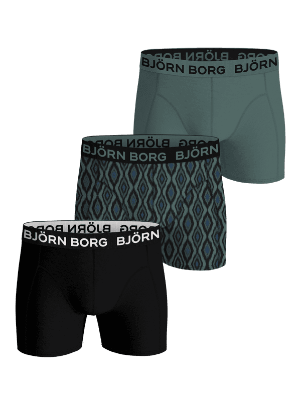 Bamboo Cotton Blend Boxers 3-pack with soft boxer briefs in green, a geometric print, and black with signature waistbands.