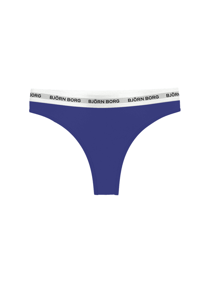 Vorderansicht des blauen Björn Borg Logo Thongs 3-pack aus weichem Baumwoll-Stretch mit weißem Logo-Bund. - Image 3