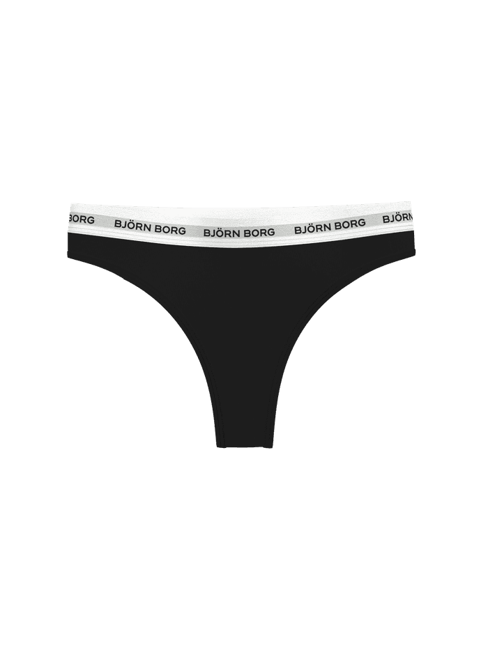 Vorderansicht der schwarzen Logo Thongs 3-pack für Damen mit weißem Bund, schwarzem Logo und weicher Baumwoll-Passform. - Image 2