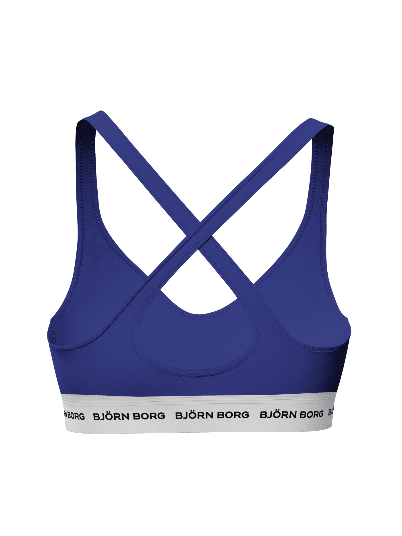 Logo Bralette in blue shown from the back with stylish crossed straps and a white waistband with a black logo. - Image 2