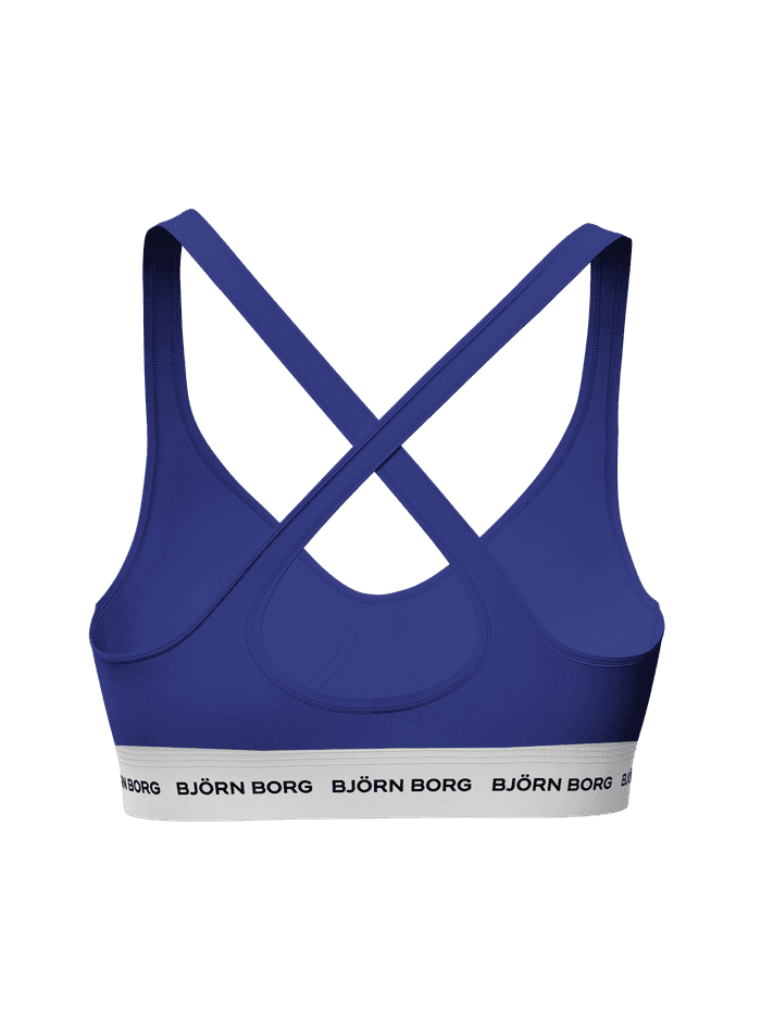 Logo Bralette in Blauw met stijlvolle gekruiste bandjes en een witte tailleband met zwart logo, achteraanzicht. - Image 2
