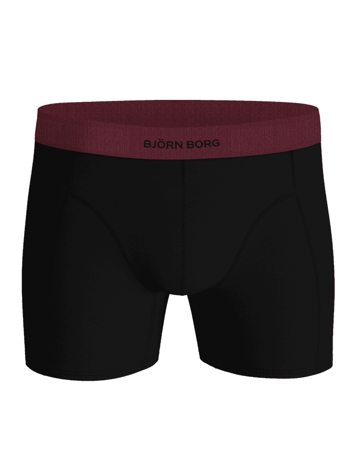 Front view of the black Björn Borg Organic Cotton Stretch Boxers 3-pack, boxer briefs with a burgundy band and black logo. - Image 4