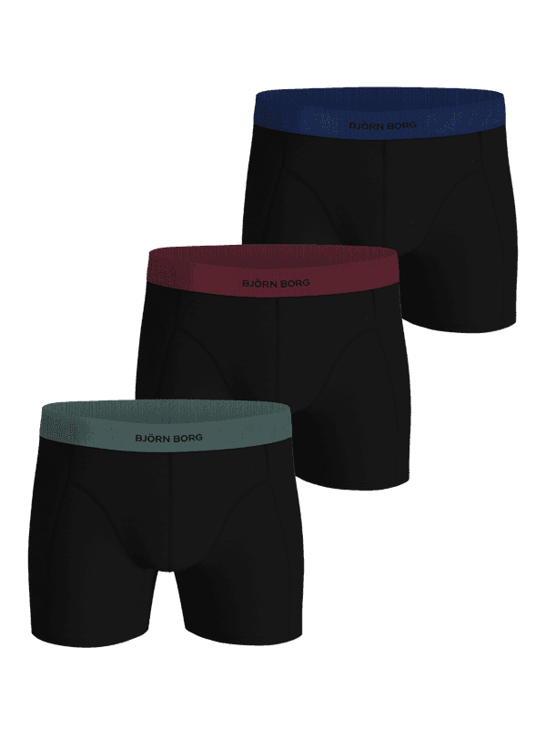 Organic Cotton Stretch Boxers 3-pack in Black (Black) with blue, burgundy, and green logo waistbands on boxer briefs.