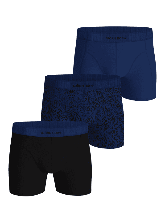 Organic Cotton Stretch Boxers 3-pack in navy blue, black, and geometric print organic cotton boxer briefs with black logos.