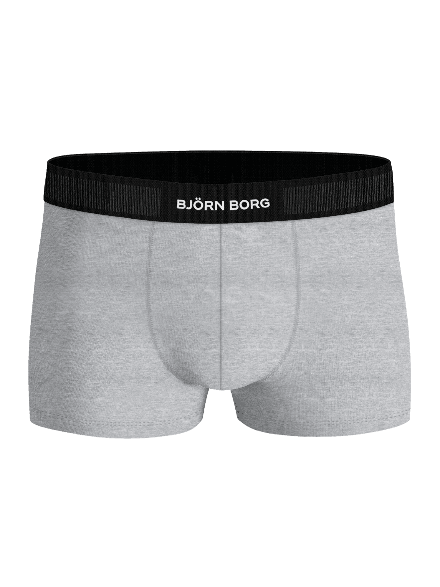 Front view of the melange Organic Cotton Stretch Trunks 3-pack featuring a white logo on a black microfiber waistband. - Image 4