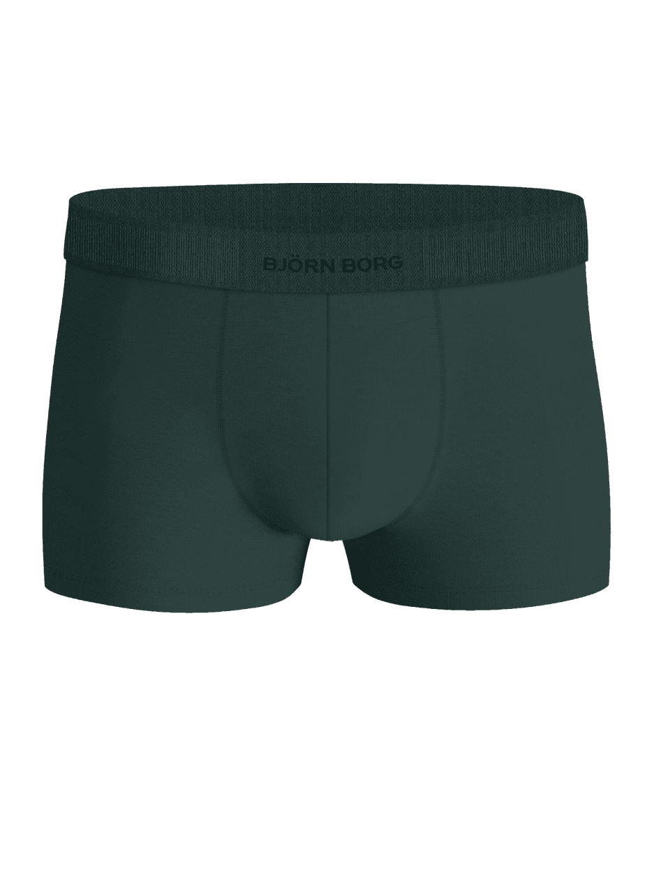 Front view of the green Organic Cotton Stretch Trunks 3-pack for men featuring a black logo on the waistband. - Image 5