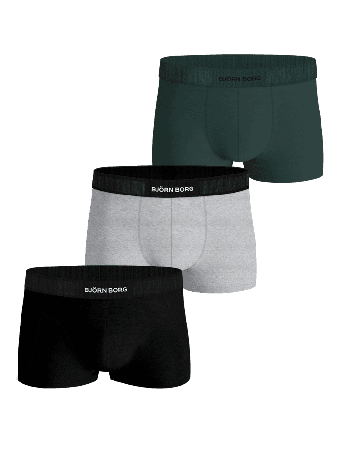 Front view of the Organic Cotton Stretch Trunks 3-pack in green, melange, and black with white and black logo waistbands.