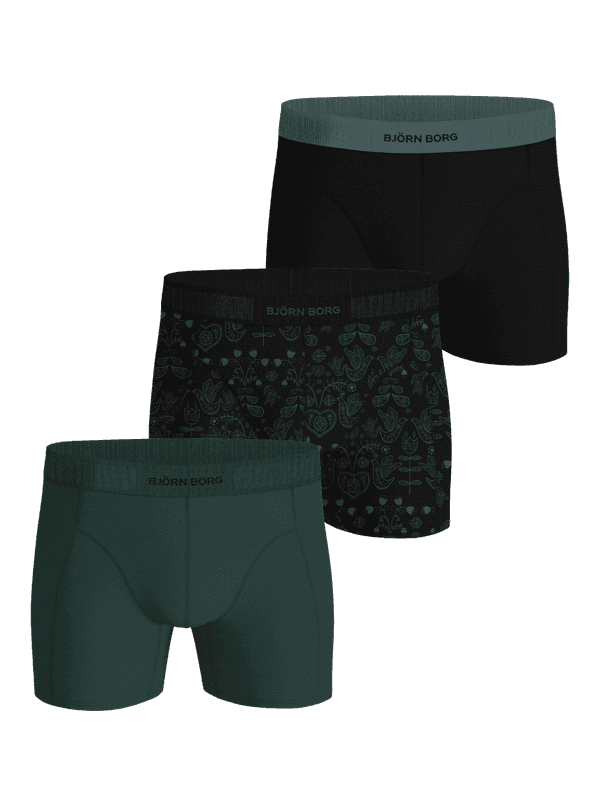 Organic Cotton Stretch Boxers 3-pack featuring black, green, and ornate print boxer briefs with contrasting logo waistbands.