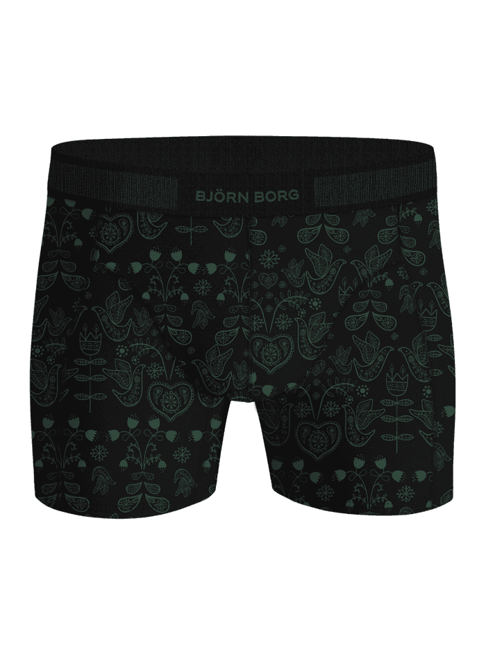 Organic Cotton Stretch Boxers 3-pack with green ornate print on black boxer briefs and a green logo on the waistband. - Image 4