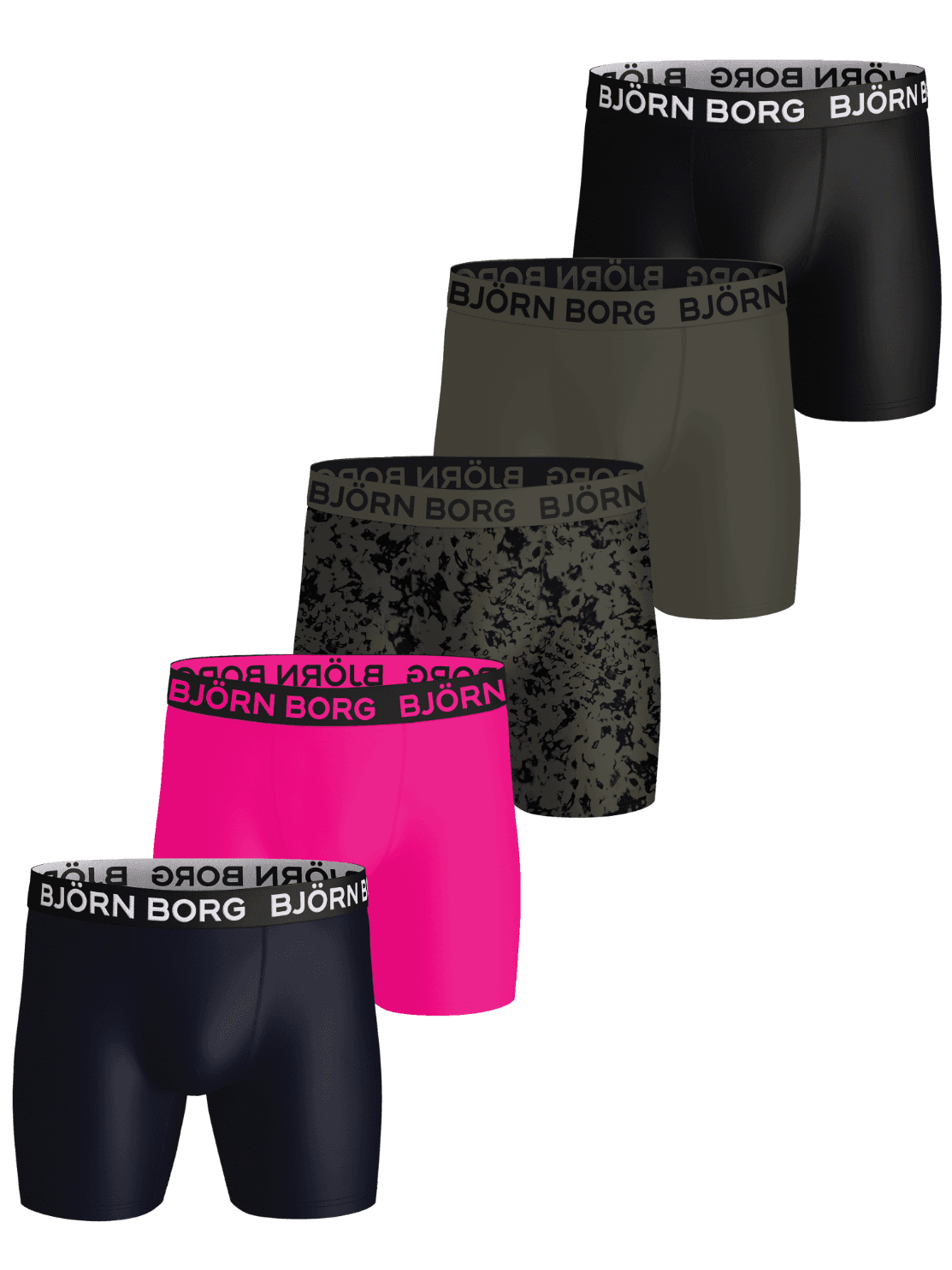 Sports Microfiber Boxers 5-pack in zwart, groen, print, roze en marineblauw van sneldrogende microvezel voor training. - Image 1