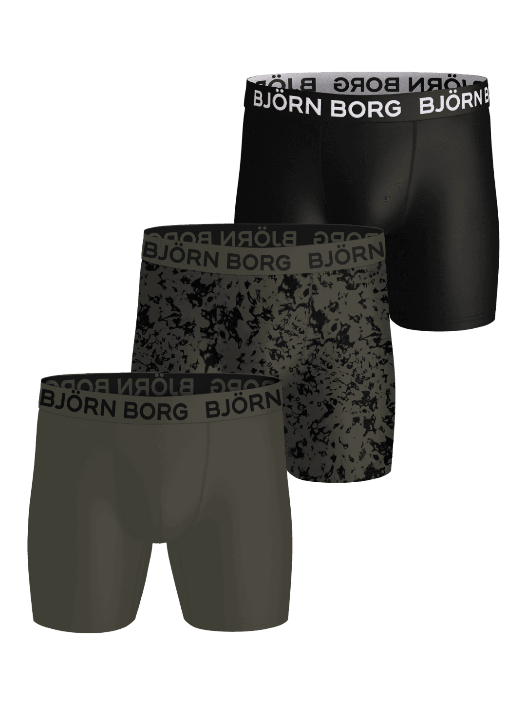 Sports Microfiber Boxers 3-pack in zwart, groen en print van sneldrogende microfiber met witte logo's voor training. - Image 1