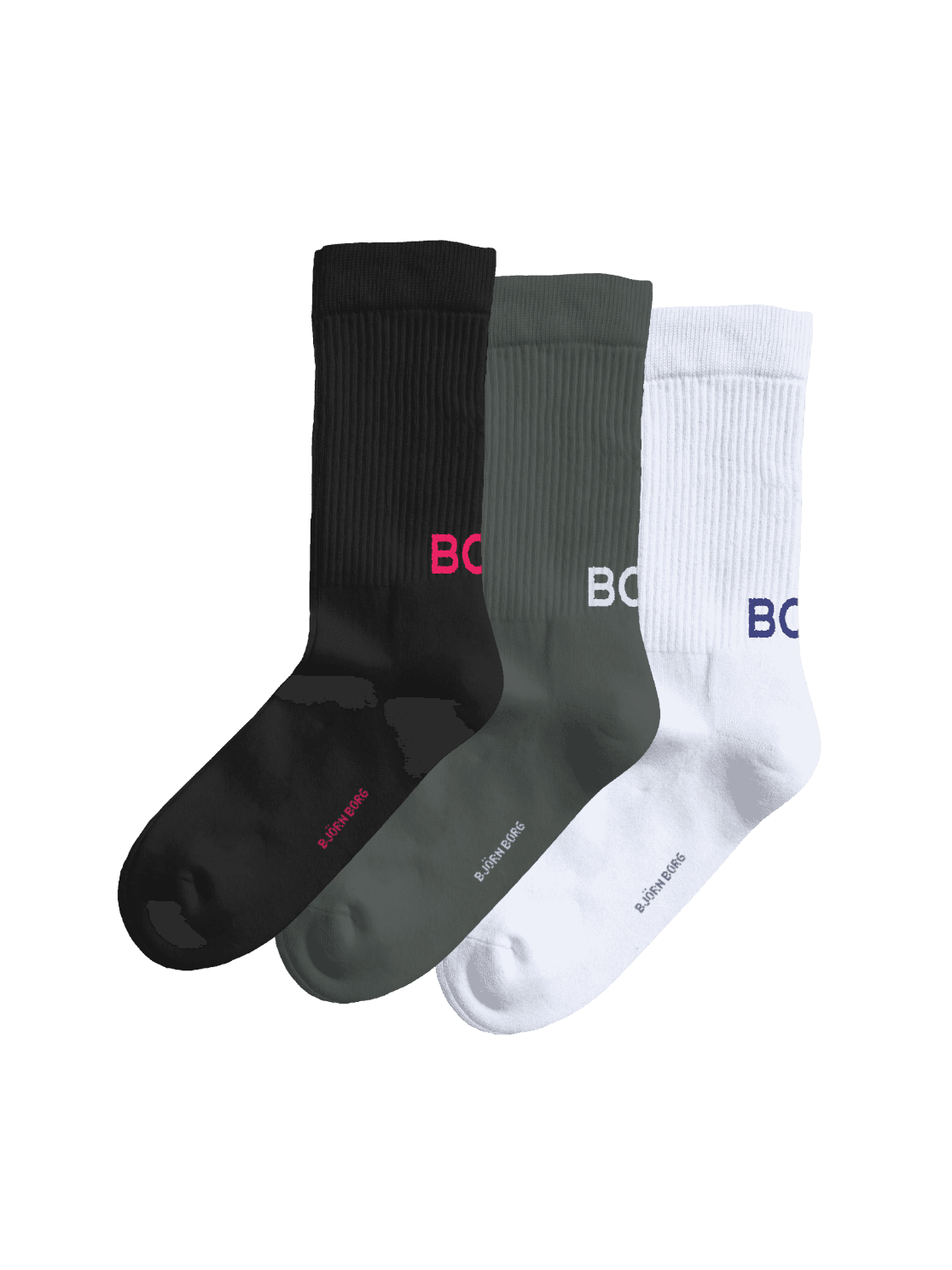 Core Crew Polyamide Socks 3-pack i svart, grönt och vitt med ribbade muddar och rosa, vita och blå logotyper. - Image 1
