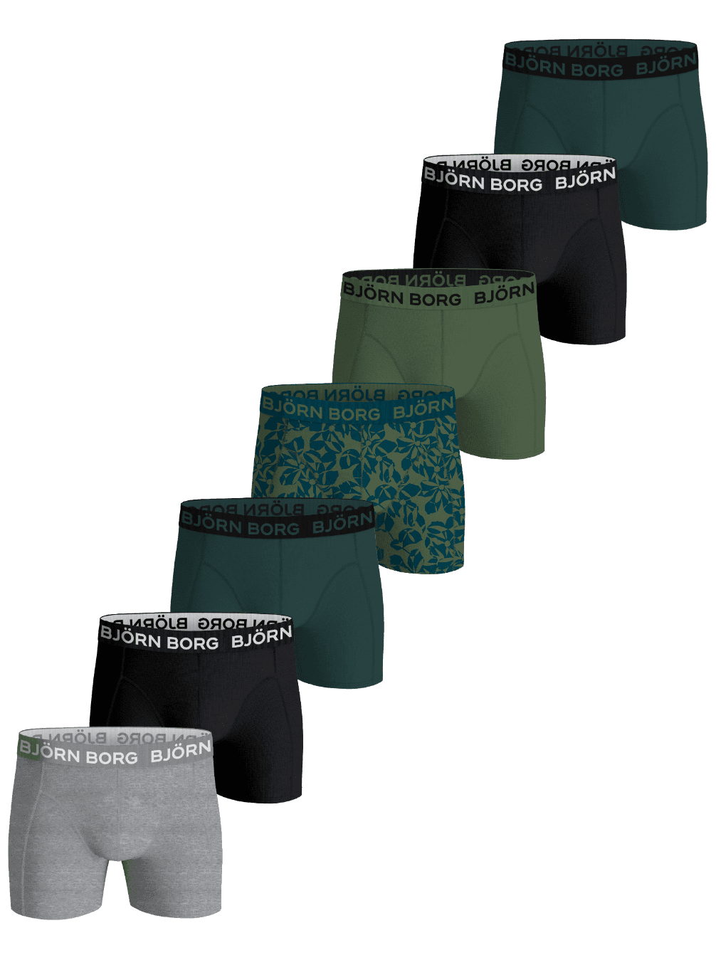 Cotton Stretch Boxers 7-pack for kids with soft cotton stretch boxer briefs in green, black, grey melange, and leaf print. - Image 1