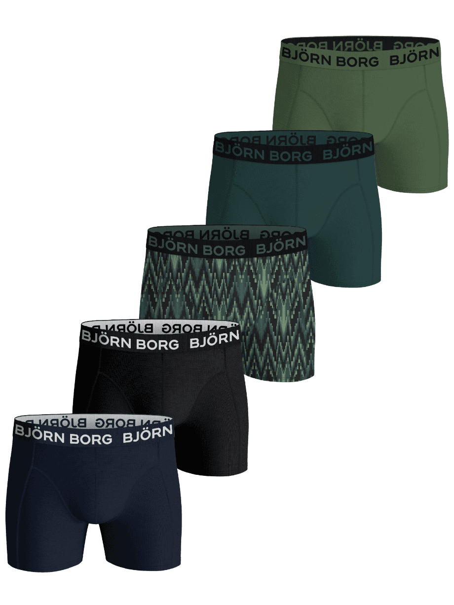 Cotton Stretch Boxers 5-pack för kids i grön, svart, marinblå och zig-zag-mönster med svarta och vita logotyper. - Image 1