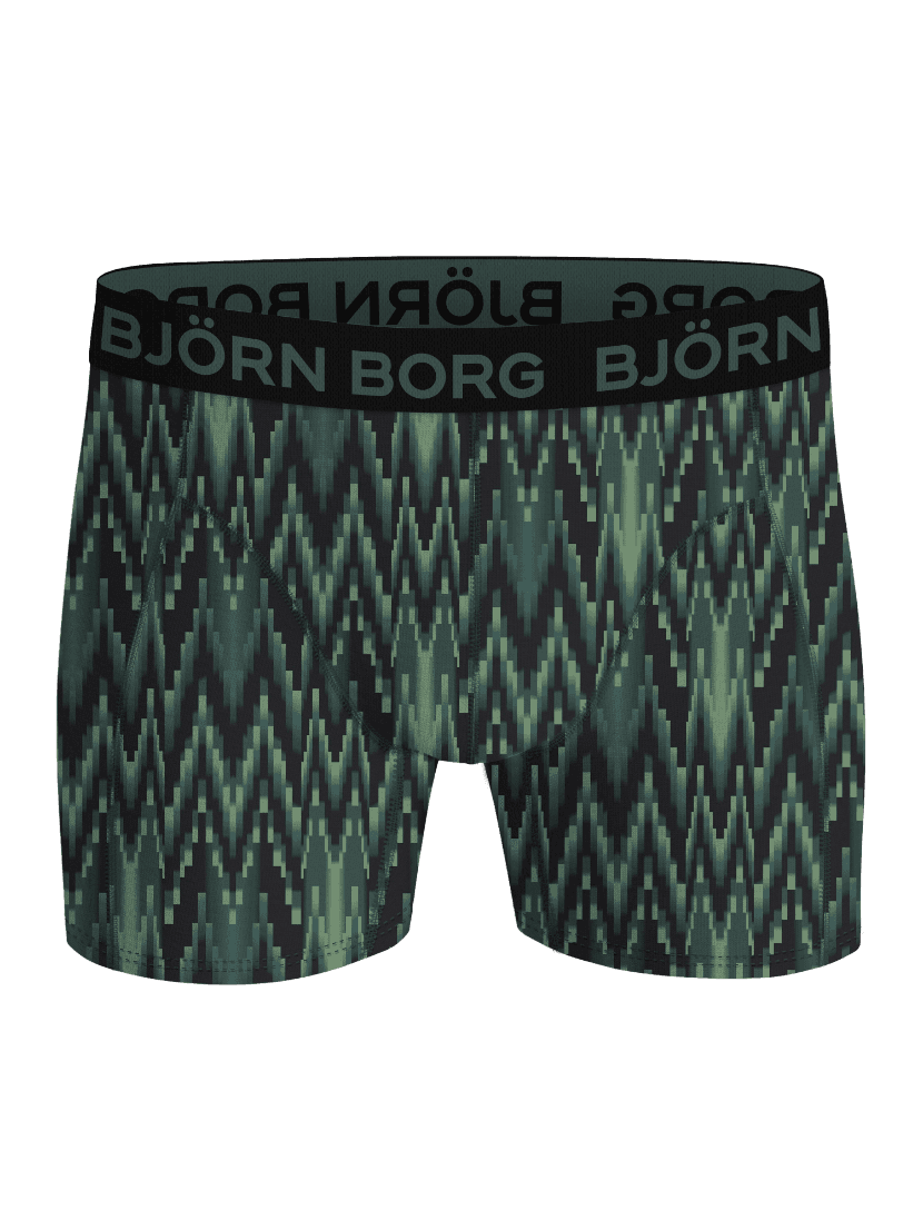 Cotton Stretch Boxers 5-pack för kids sedda framifrån med sicksackmönster i grönt, marinblått och svart samt grön logotyp. - Image 5