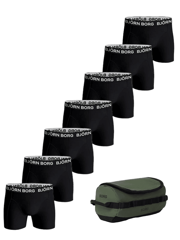 Cotton Stretch Boxers + Wash Bag 7-pack with seven black boxer briefs and a functional green wash bag.