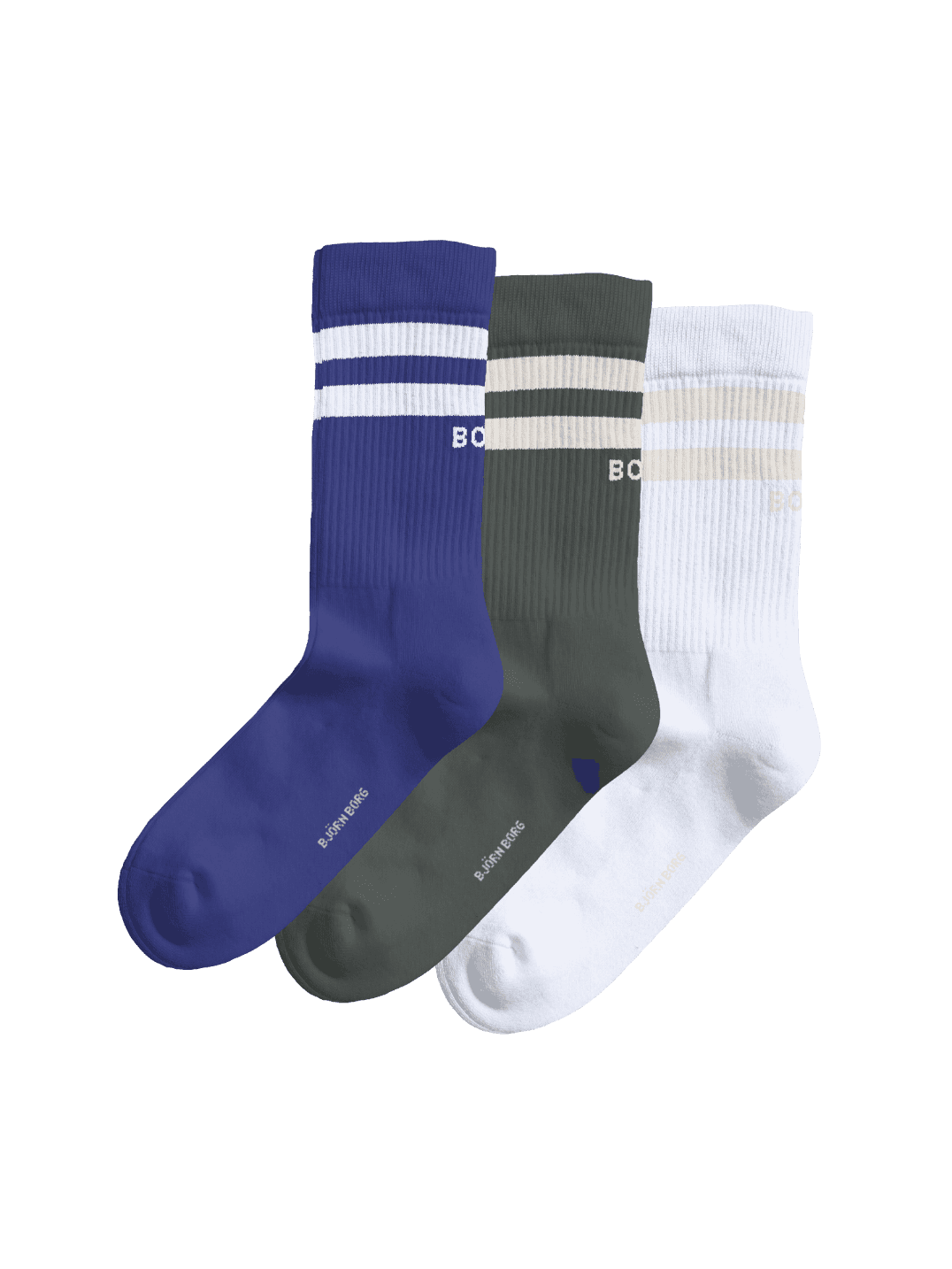 Core Crew Socks 3-pack i vitt, grönt och blått med randiga ribbade muddar och dämpad fot i mjuk bomullsblandning. - Image 1