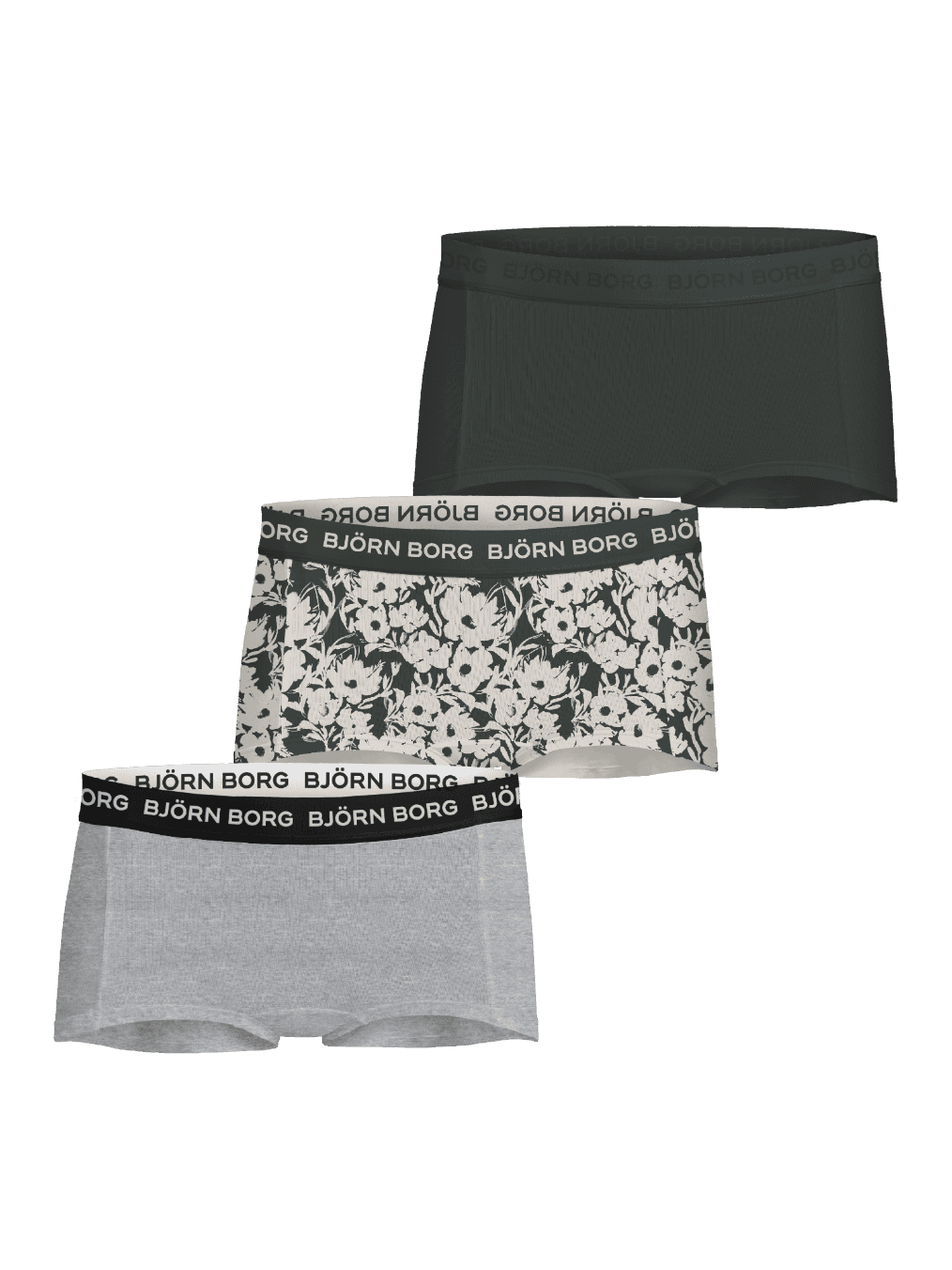 Front view of the Cotton Stretch Boxers Shorts 3-pack for kids in green, grey melange, and floral print. - Image 1