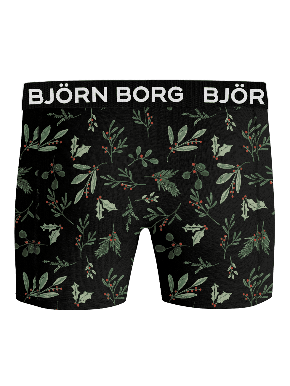 Microfiber Boxers 1-pack med grönt och rött mistelprint på svart bakgrund och vit Björn Borg-logotyp på resårbandet. - Image 2