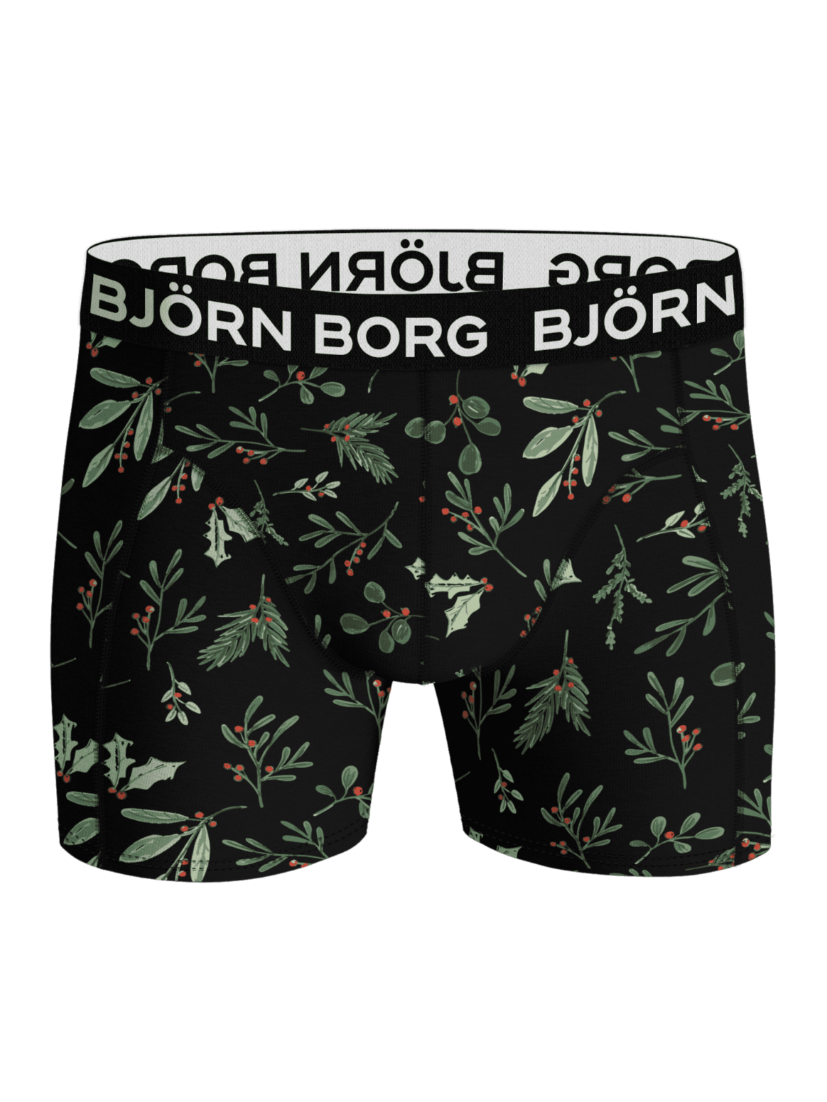 Microfiber Boxers 1-pack met een groene en rode maretakprint op zwart en de iconische witte Björn Borg-logotailleband. - Image 1