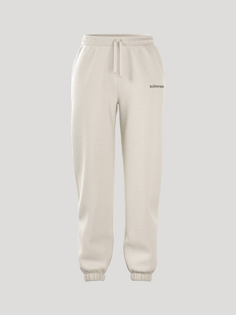 Front view of the Borg Essential 4 Sweatpants in Tofu (White), showing a loose fit and ribbed cuffs.