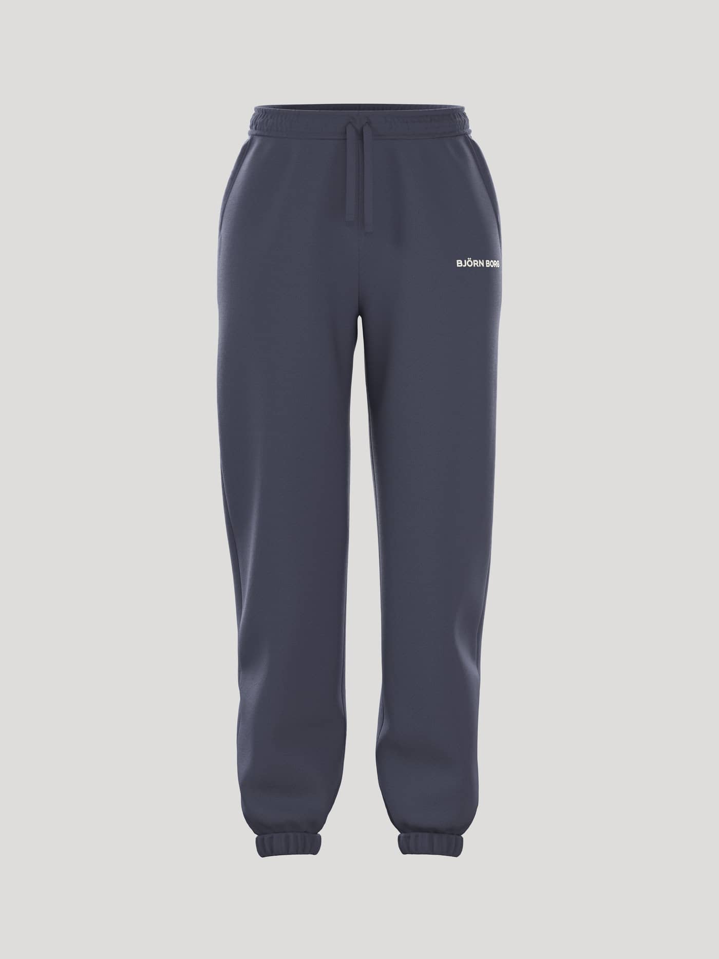 Vooraanzicht van de Borg Essential 4 Sweatpants in Odyssey Gray (Marineblauw) van french terry met losse pasvorm en wit logo. - Image 1