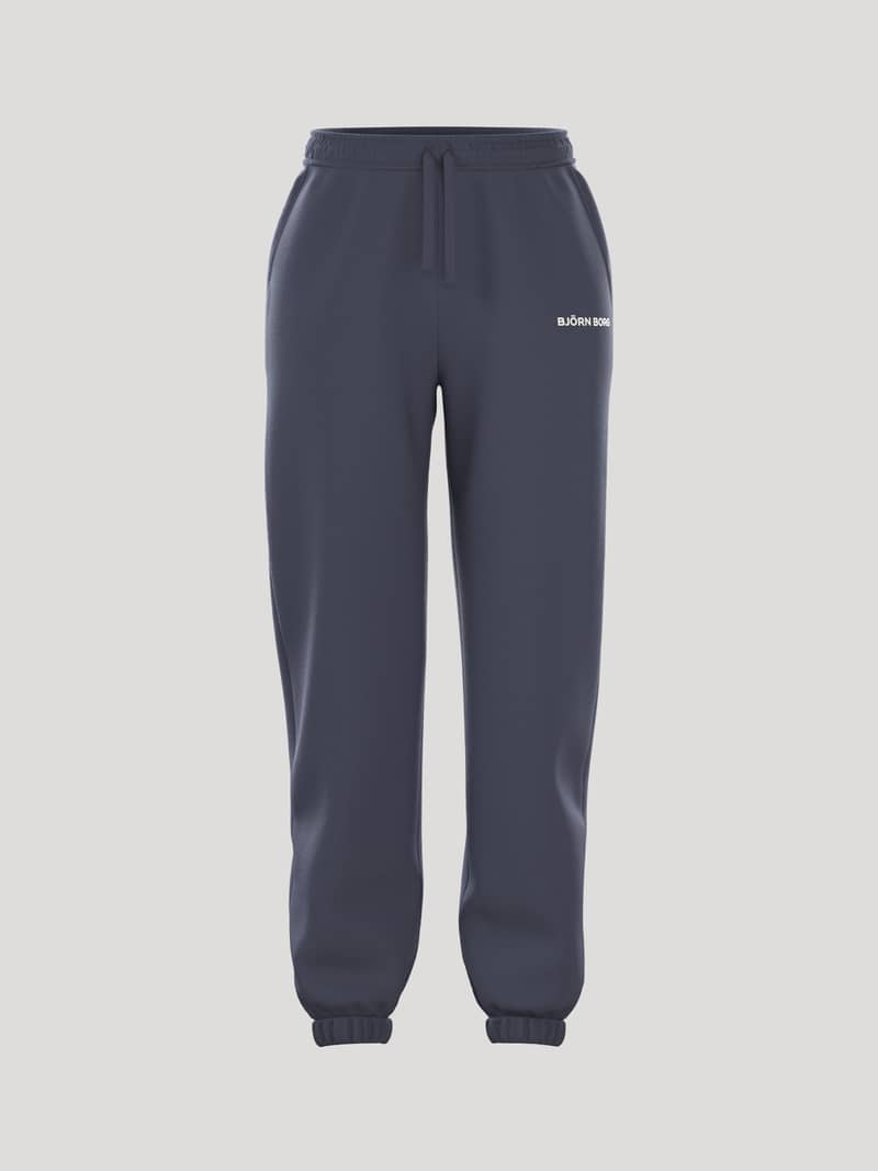 Vooraanzicht van de Borg Essential 4 Sweatpants in Odyssey Gray (Marineblauw) van french terry met losse pasvorm en wit logo.