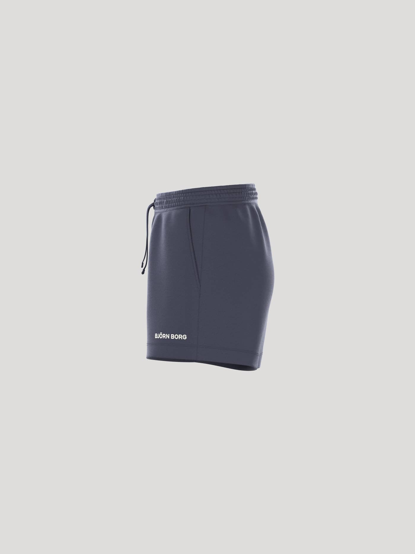Side view of the Borg Essential 4 Sweatshorts in Odyssey Gray (Navy) with a white logo, soft French terry and regular fit. - Image 4